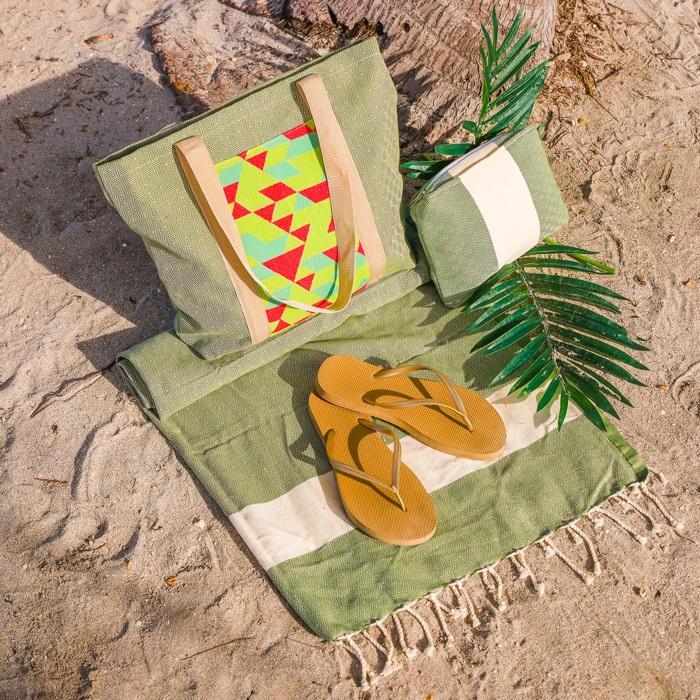 3 Pcs Matching Beach Bag Set (Green Band)